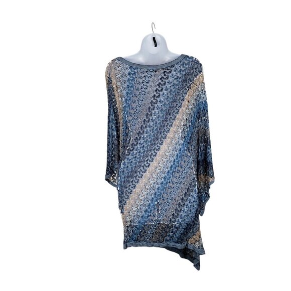 Nic + Zoe Asymmetrical Sweater Open Crochet Knit Poncho Blue Stripe Size 3X - Picture 2 of 5